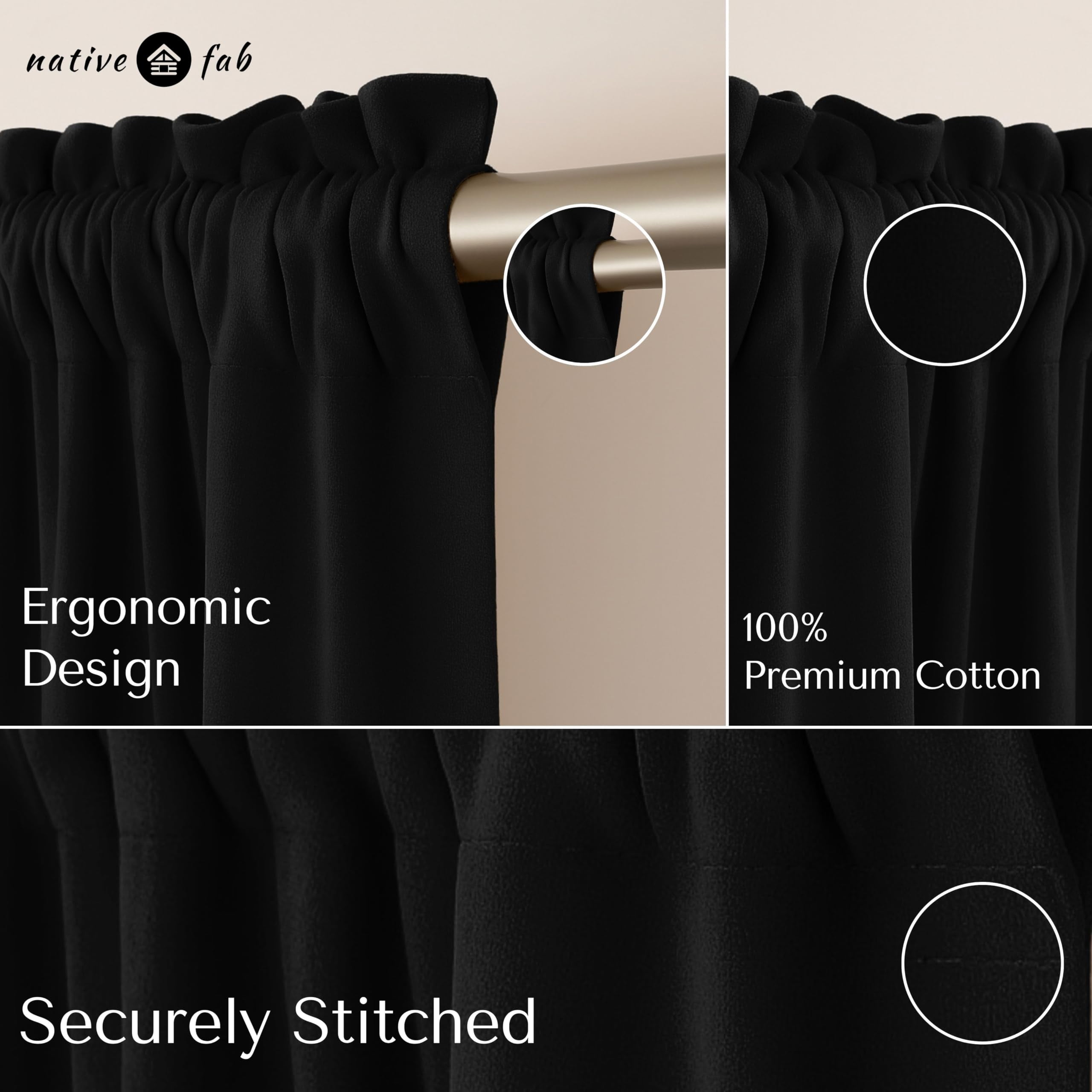Native Fab Set of 2 Valance Curtains for Windows 54"x18" for Living Room Bedroom Kitchen Windows Bathroom, Farmhouse Vintage Curtain Valances Rod Pocket - Black
