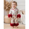thumbnail image 3 of RUINIXCW Baby Girl Silk Satin Pajamas Romper Infant Baby Girls Spring Fall Clothes Sleepwear Cherry Print Fur Trim Button Down Long Sleeve Jumpsuit, 3 of 10
