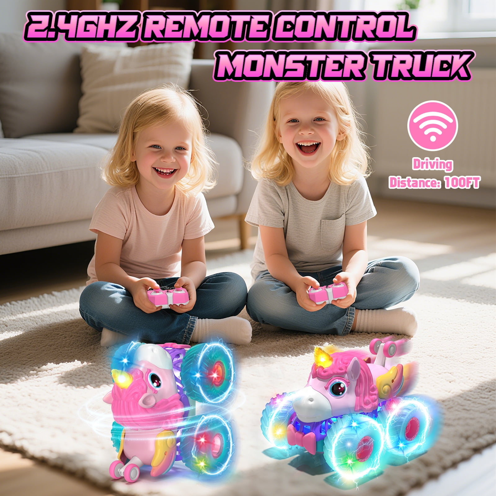Unicorn Remote Control Cars for Girls, Remote Control Monster Truck for Girls, Pink Rc Stunt Car Unicorn Toys Cars with LED Lights for Girls Age 4 5 6 7 8 9 10 11 12