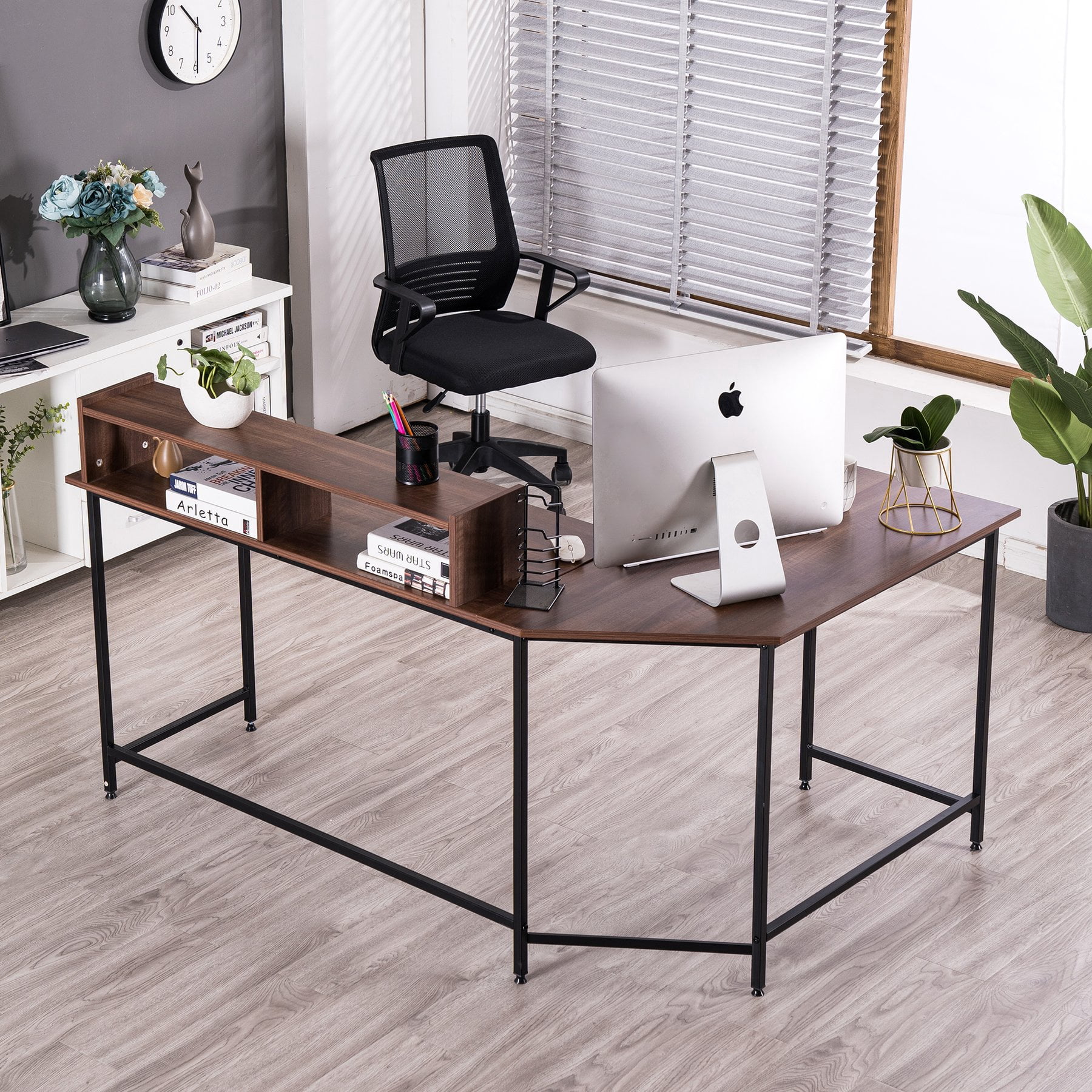 MCombo 63" L-Shaped Computer Desk with Hutch, Large Monitor Stand Desk Workstation
