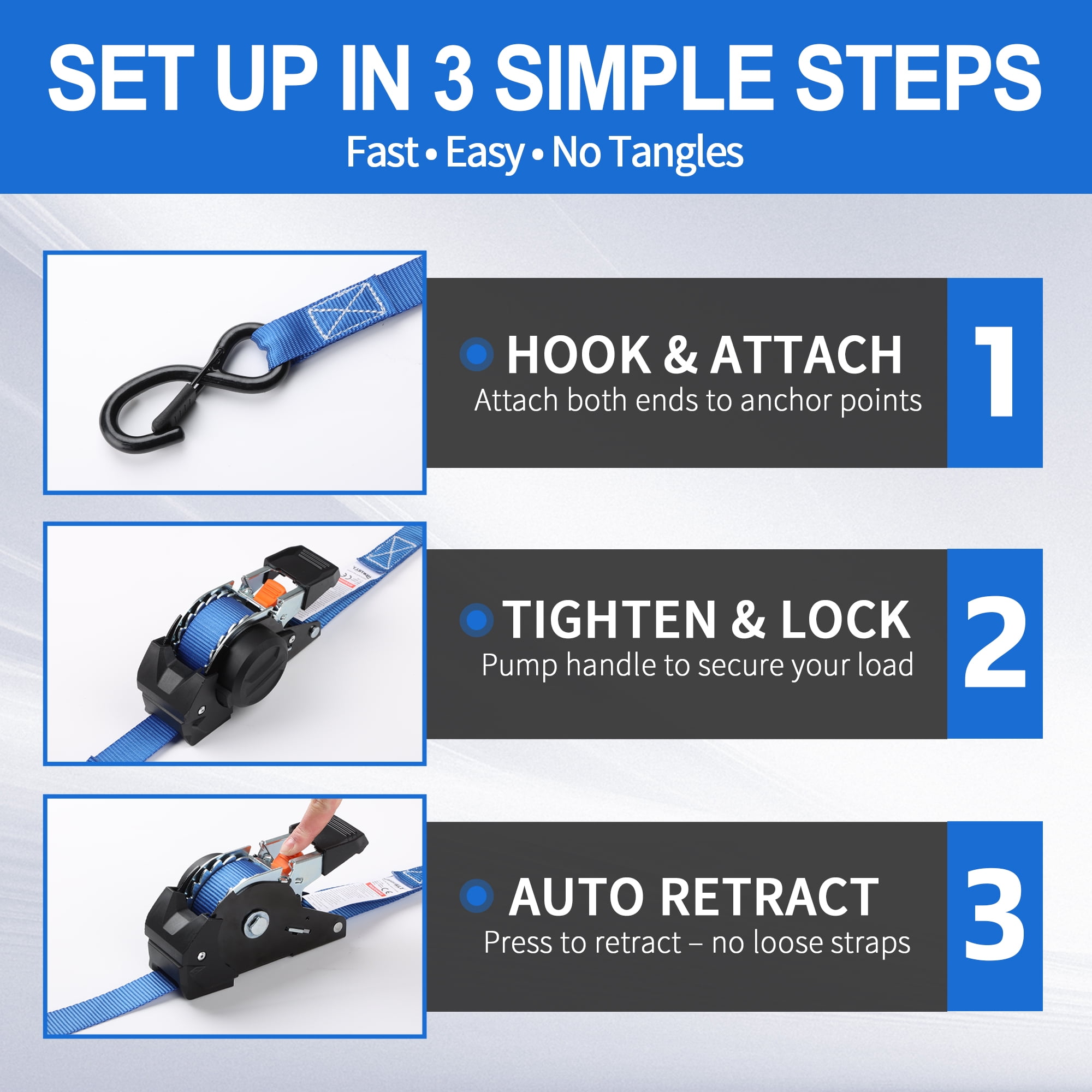 4-Pack Retractable Ratchet Straps with 4 Soft Loop - 1 Inch x 10 Feet (1,650lb Break Strength) - Heavy Duty Auto Self Retracting Tie Down Straps for Truck, Cargo Trailer, Motorcycle, ATV, UTV, Blue