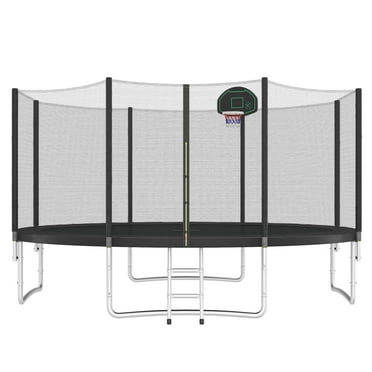 14FT Trampoline for Kids with Safety Enclosure Net, Basketball Hoop and Ladder, Easy Assembly Round Outdoor Recreational Trampoline for Over 3 years old Children, Black