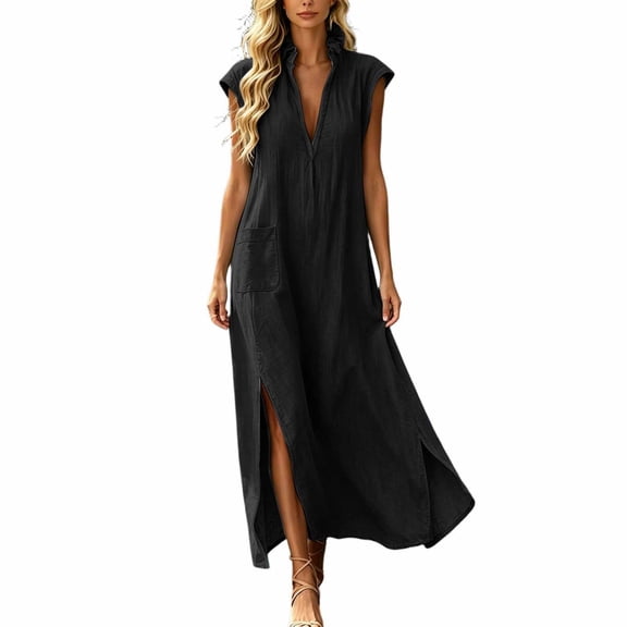 Rggeeun Women'S Dresses Solid Color Ankle-Length Short Sleeve Deep-V Neck Collar With Side Asymmetrical Slit Loose Fit A-Line Waist Draping Elastic Soft Fabric For Summer Office Preppy Wear,Black,L