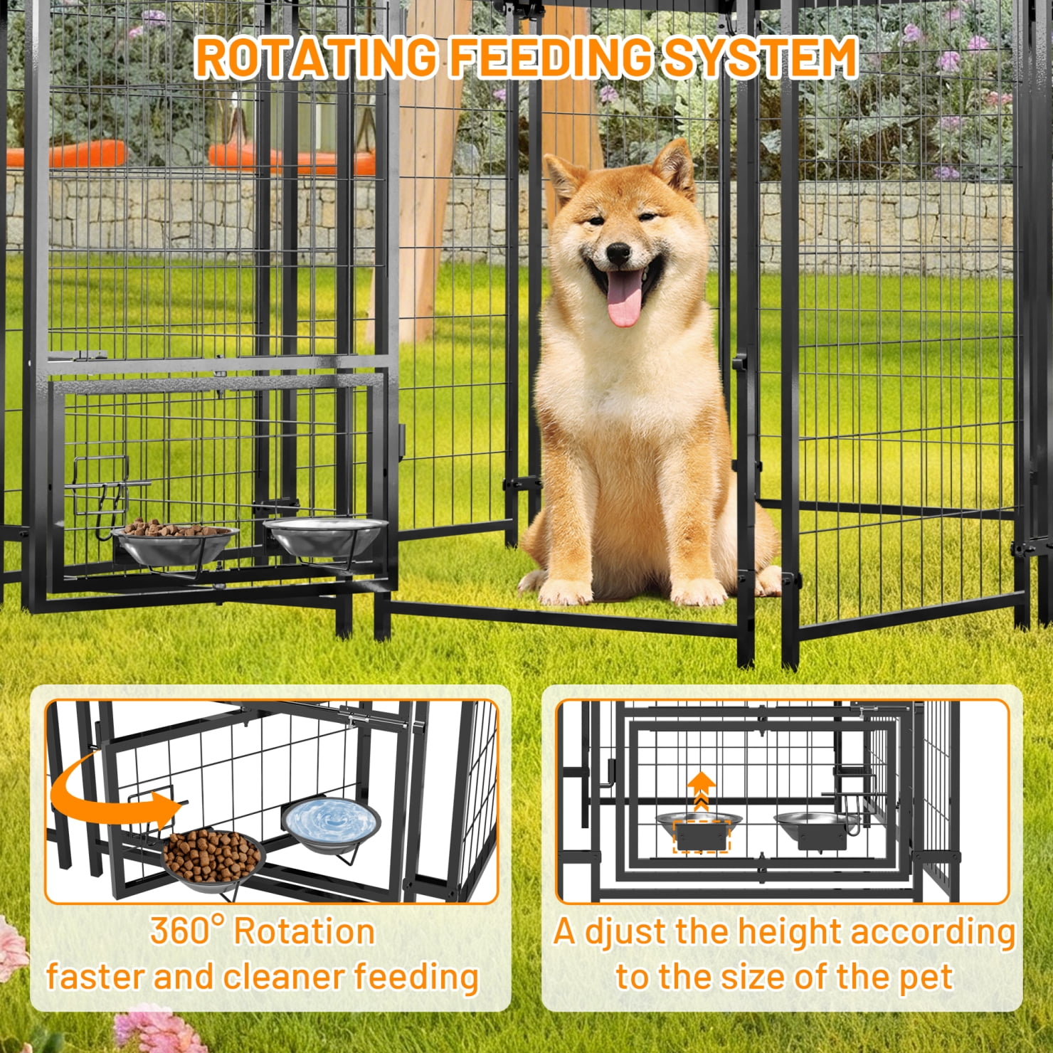Dog Kennel Outdoor 4.23'x5.82'x4.83', Dog House with Lock, Waterproof Roof and Rotating Feeding Bowl, Pet Enclosures Crate Cage for Small/Medium Dogs