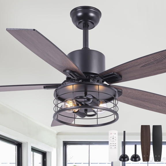 Cusp Barn Industrial Metal Caged Ceiling Fan with Light Remote Control, 6 Speeds Reversible Fan with Lights