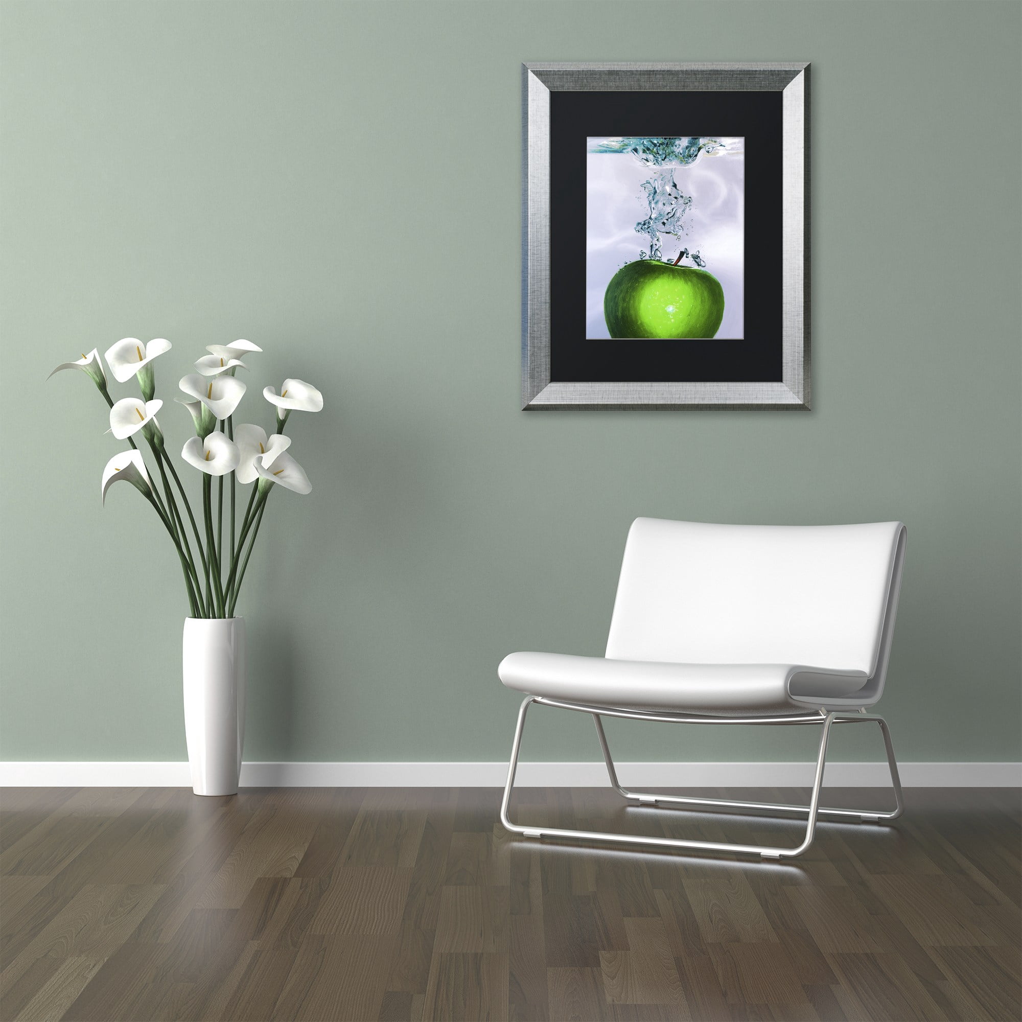 Trademark Fine Art "Apple Splash II" Canvas Art by Roderick Stevens Black Matte, Silver Frame