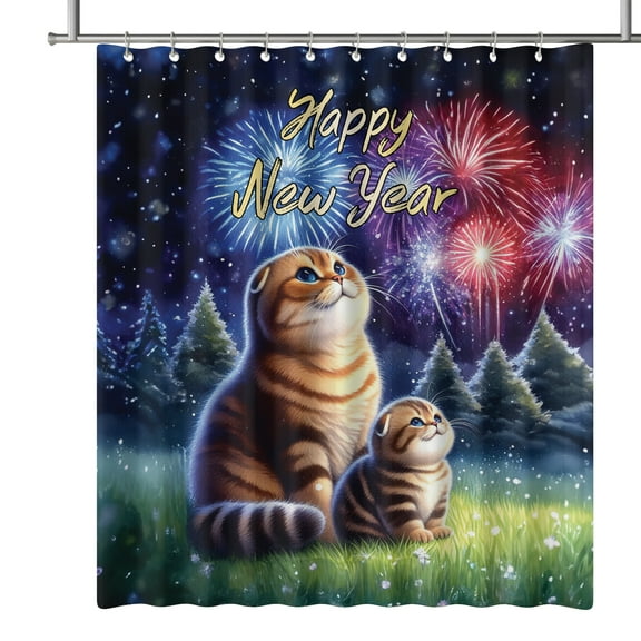 Happy New Year Scottish Fold Family Cheer Winter Midnight Firework Shower Curtain Cat Lover Kitten Owner Gifts Waterproof Bathroom Bathtub Curtain - 02025