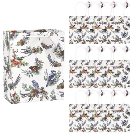 7 1/4" x 9" Pinecone and Birds Gift Bags with Tag - 12 Pieces