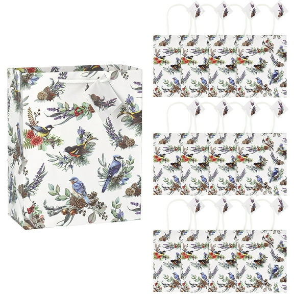 7 1/4" x 9" Pinecone and Birds Gift Bags with Tag - 12 Pieces