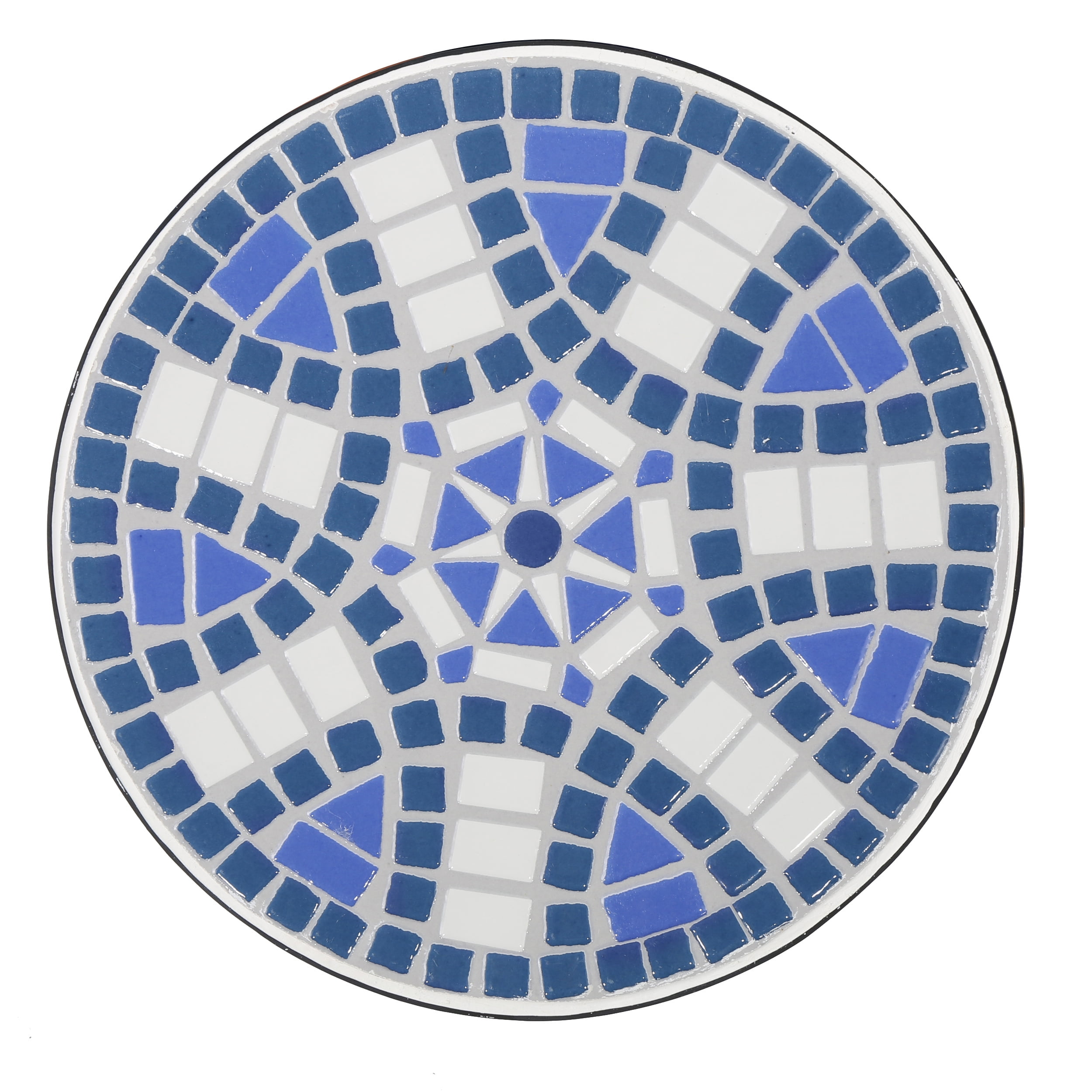 Outdoor Round Mosaic Top Side Table, Artistic Decor End Table for Patio Garden, Blue and White