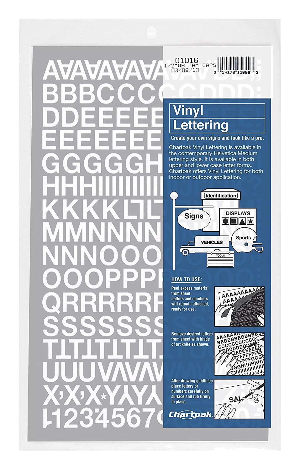 Chartpak SelfAdhesive Vinyl Capital Letters and Numbers, 1/2 Inches High, White, 201 per Pack