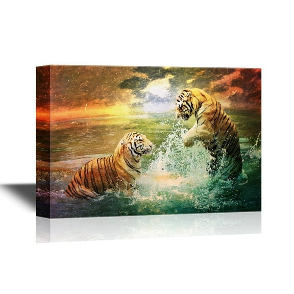 wall26 Romantic Canvas Wall Art - Tiger and Tigress Playing in The Sea - Gallery Wrap Modern Home Art | Ready to Hang - 12x18 inches