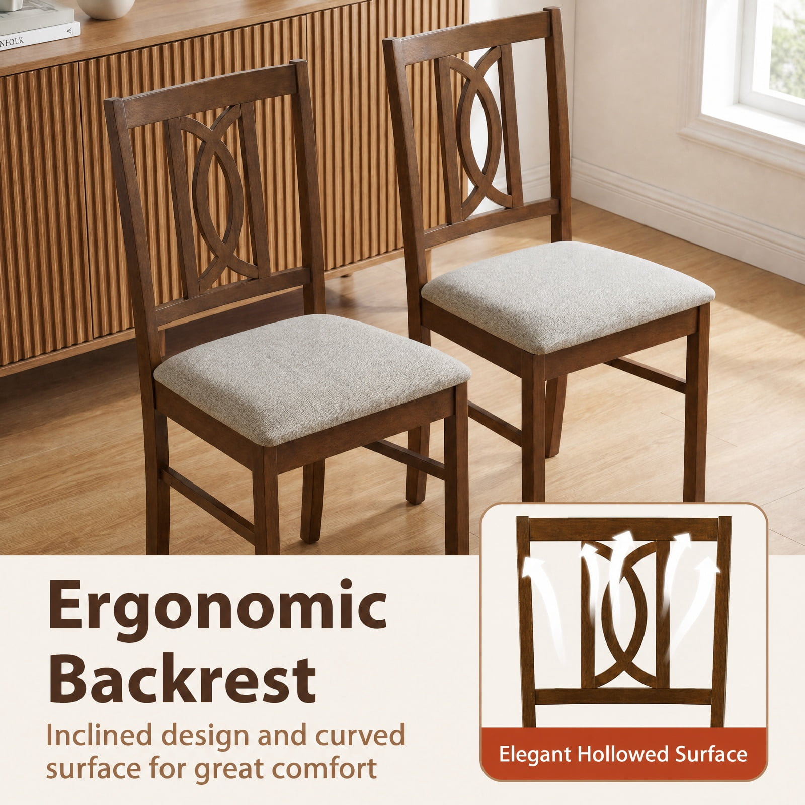 Furnibear Wooden Dining Chairs Set of 2 Rubber Wood Dining Room Chairs with Hollowed Backrest and Padded Faux Linen Seat, Walnut