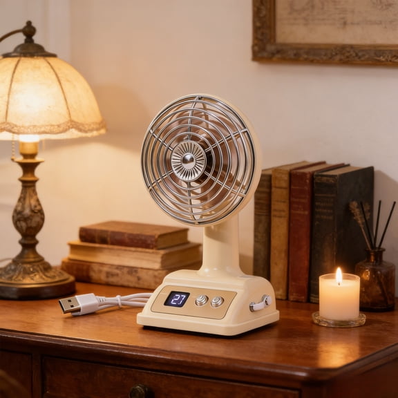 COM1950s Retro Mini Desk Fan, Rechargeable Portable Table Fan with 100 Speeds, Digital Battery Display for Home Office Bedroom