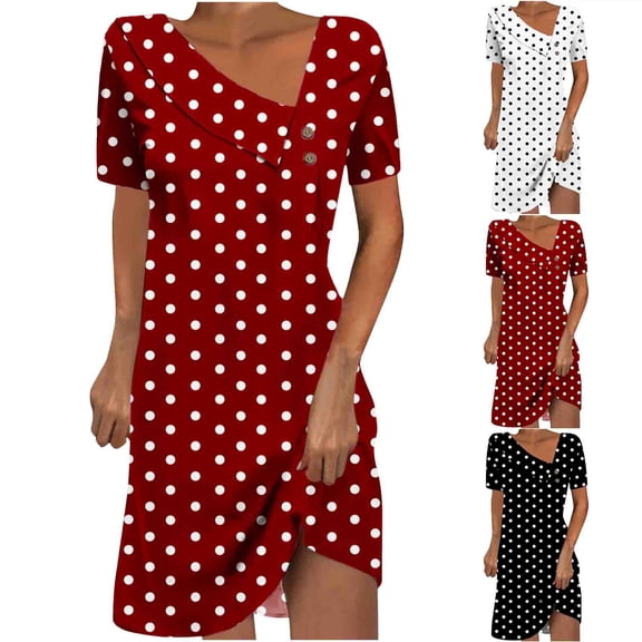 Antinious Women Short Sleeve Round Neck Print Button Mid-Calf Dress