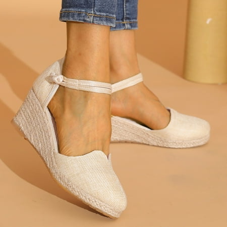 

XIAQUJ Women Ripple Linen Sandals Platform Wedge Sandals Fashion Versatile Braided Buckle Breathable Wedge Sandals Sandals for Women Beige 6.5(37)
