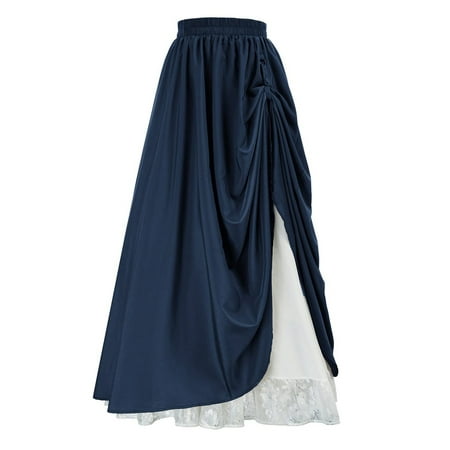 

Women Retro Elastic Lace High Waist Boho Maxi Skirt Casual Drawstring A Line Long Skirt Rainbow Table Skirt