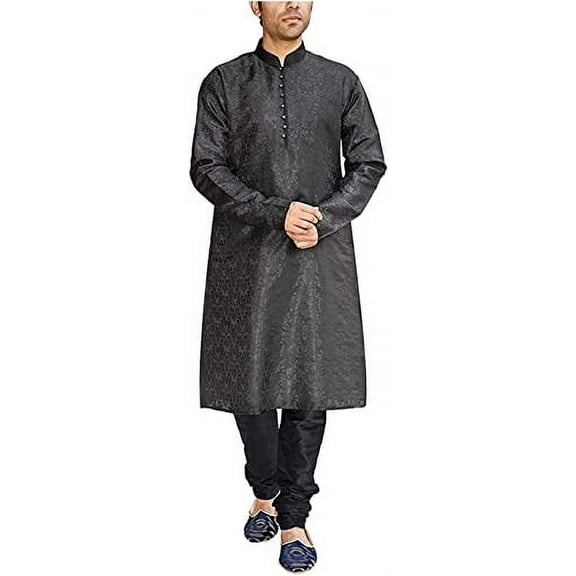 Royal Kurta Men's Black Jacqaurd Silk Kurta Churidar Set