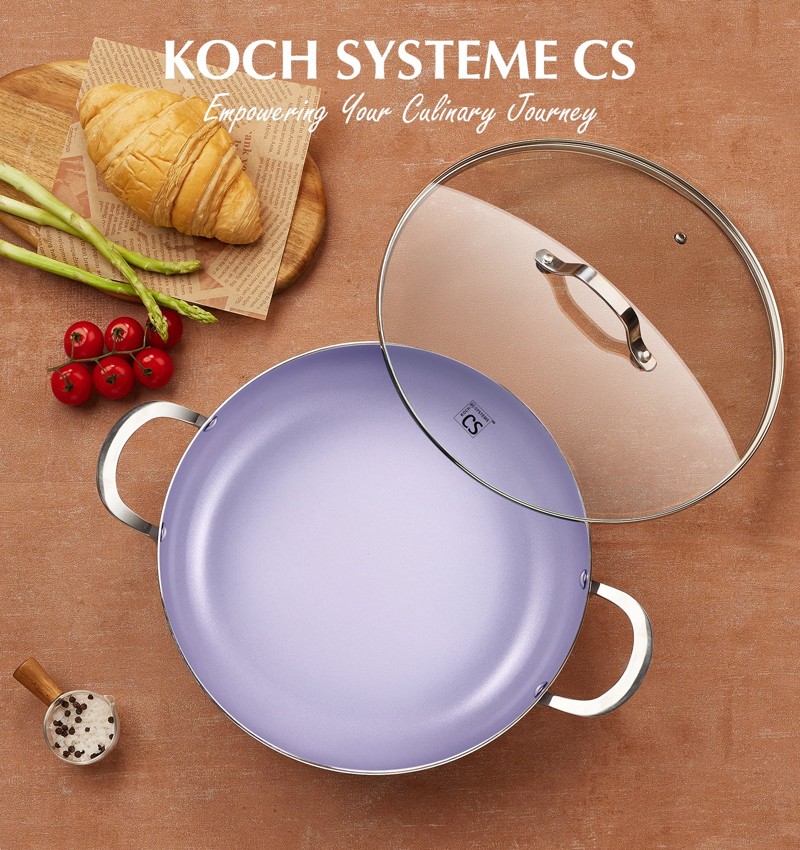 Koch Systeme CS 12 inch Saute Pan with Lid, 5.5-Quart Deep Frying Pan with Nonstick Ceramic Coating, Oven Safe, Induction Compatible, Gradient Purple