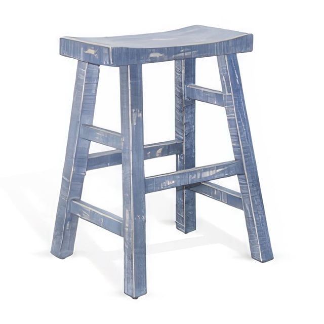 Rena Counter Stool Set of 2, Saddle Seat, Ocean Blue Mahogany Wood