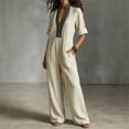 thumbnail image 2 of Morttic Women's Boho Jumpsuit – Stand Collar Embroidered Short Sleeve Wide Leg Jumpsuit with Pockets Casual Vacation Outfit Apricot，XL, 2 of 5