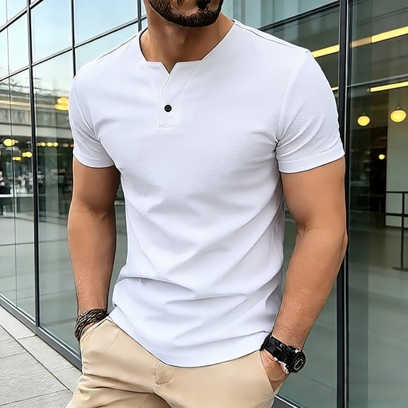 Kakii Men's Fitted Stretch Short Sleeve Henley Shirt Gym Athletic V Neck Casual T-Shirt