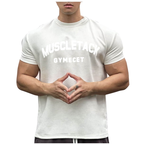 Hombres Pantalones Cortos Casual Manga Corta Cuello Redondo Carta Impresa Deporte Camiseta, Top de Algodón de Fitness para Hombres