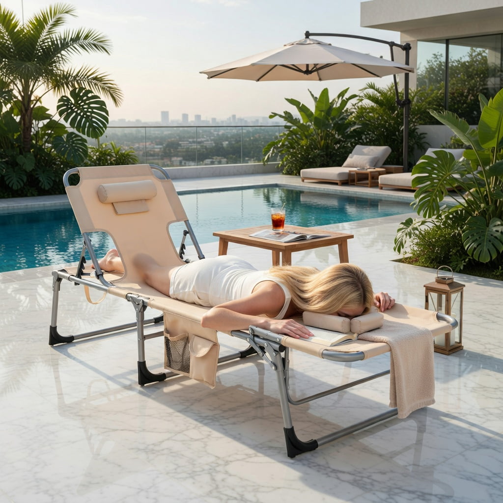 Hommoo Adjustable Folding Beach Lounge Chair with Removable Pillow, Lightweight Aluminum Frame, Portable for Beach, Pool & Patio, Brown