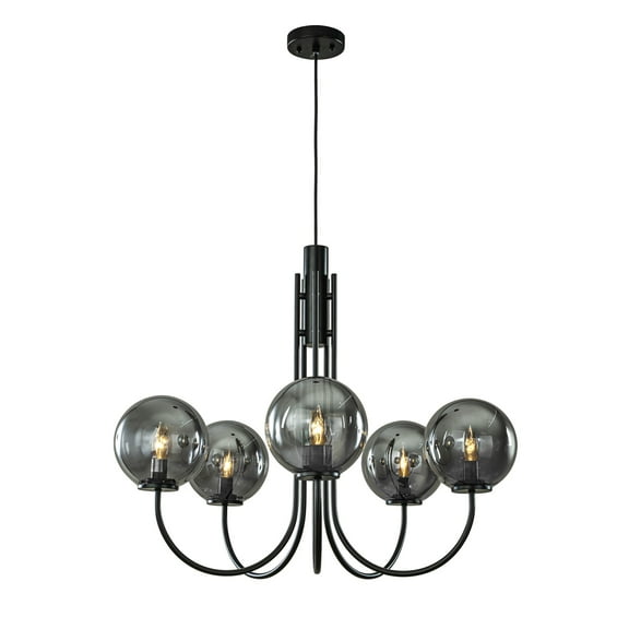 5-Light 32'' Wide Modern Glam Smoked Glass Globe Bubble Chandelier Contemporary Sputnik Black Hand Blown Glass Pendant Light For Living Room And Kitchen
