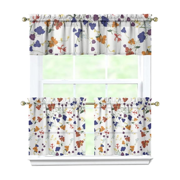 Rustic Bohemian Curtains 24 Inch Short - 3 Panel Wildflower Farmhouse Set with Vintage Floral Design, Rod Pocket Kitchen