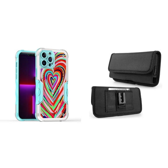 Case and Pouch Bundle for iPhone 14: Heavy Duty Armor Rugged Case (Abstract Love Hearts) and Horizontal Rugged Nylon Belt Holster