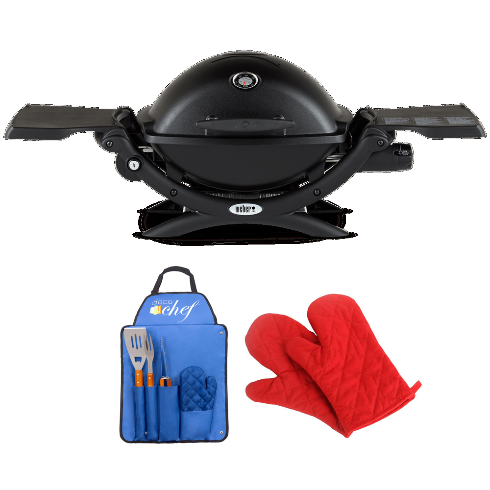 Weber 51010001 Q1200 Liquid Propane Portable Grill Black Bundle with Deco Essentials 3 Piece BBQ Tool Set with Custom Blue Apron, Spatula, Tongs, Fork and Oven Mitt and Pair of Red Oven Mitt - image 1 of 10