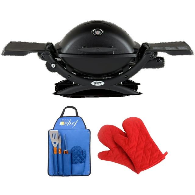 Weber 51010001 Q1200 Liquid Propane Portable Grill Black Bundle with Deco Essentials 3 Piece BBQ Tool Set with Custom Blue Apron, Spatula, Tongs, Fork and Oven Mitt and Pair of Red Oven Mitt