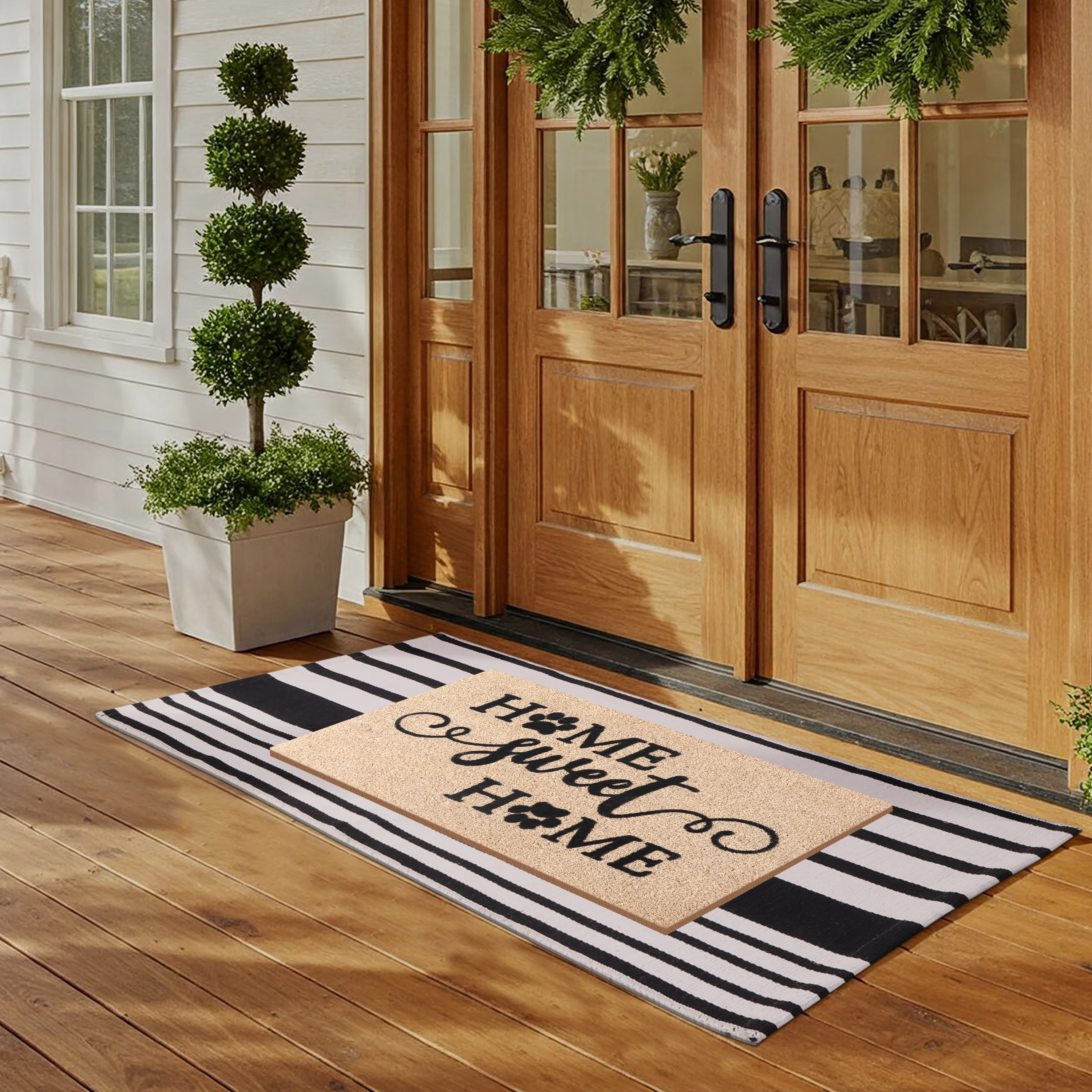 A1HC Coir Welcome Mat and Black & White Striped Cotton Rug Combo Set, 24"x36" & 24"x51", Hand-Woven Washable Entryway Décor