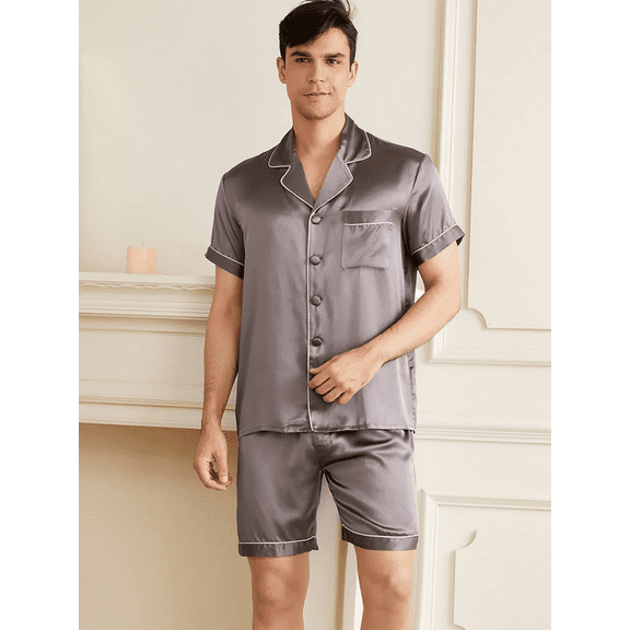 THXSILK 2PC Silk Pajama Set for Men, 19 Momme Short Sleeves Button Contrast Trim V Neck Causal Lounge for Summer, Gray, L