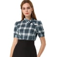 thumbnail image 2 of Blusa de cuello con cuello de lazo a cuadros para mujer, camisa de manga corta con soplo corto retro, top Azul marino L, 2 of 6
