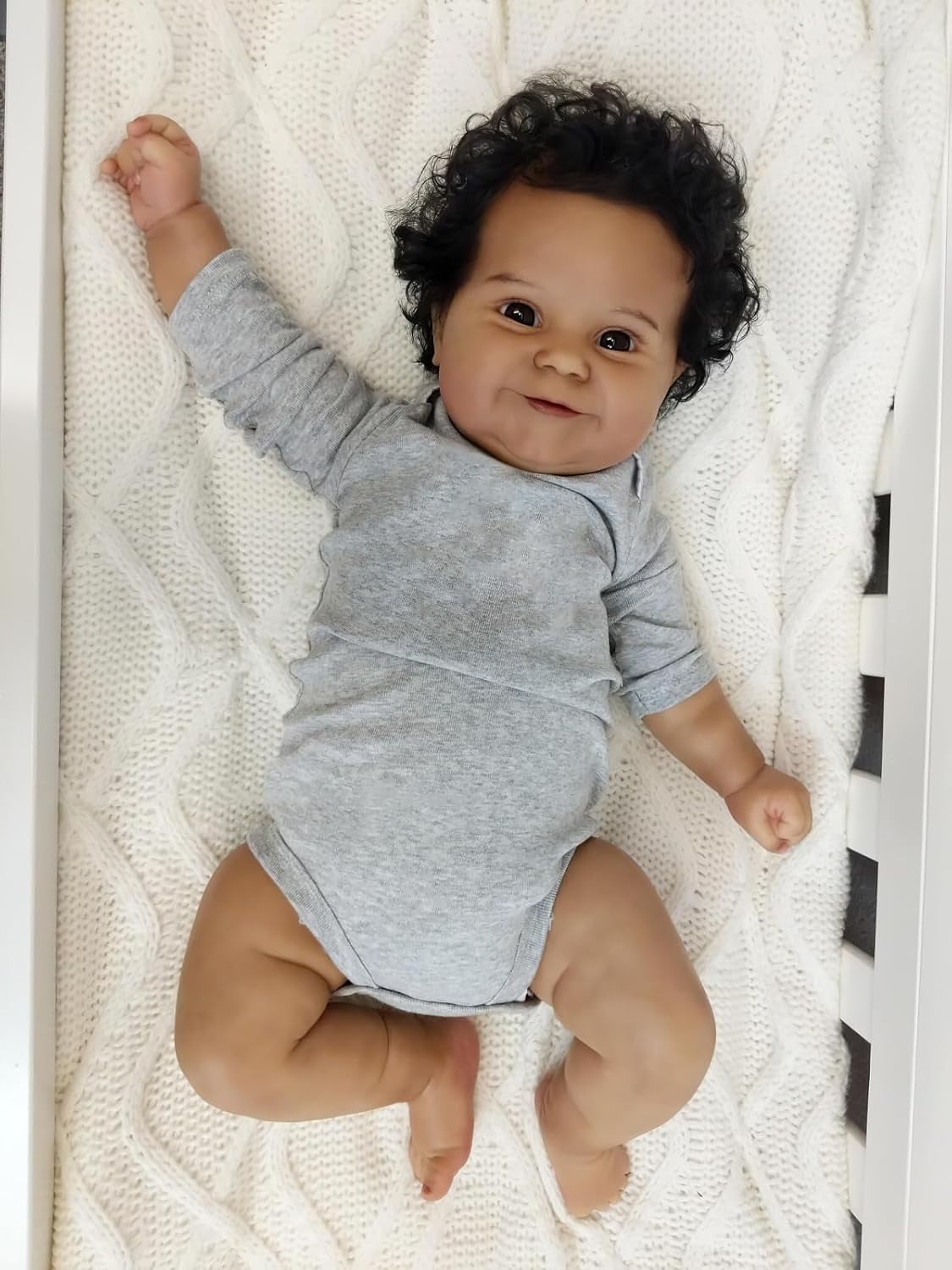 20 Inches Real Baby Size Sweet Smiling Rooted Curly Hair Lifelike African American Reborn Baby Doll Realistic Newborn Soft Cloth Body Dolls in Dark Brown Skin