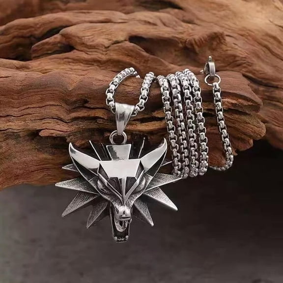 MATROOY Mens Punk Silver Witcher Wolf Head Pendant Necklace Biker Jewelry Box Chain 24"