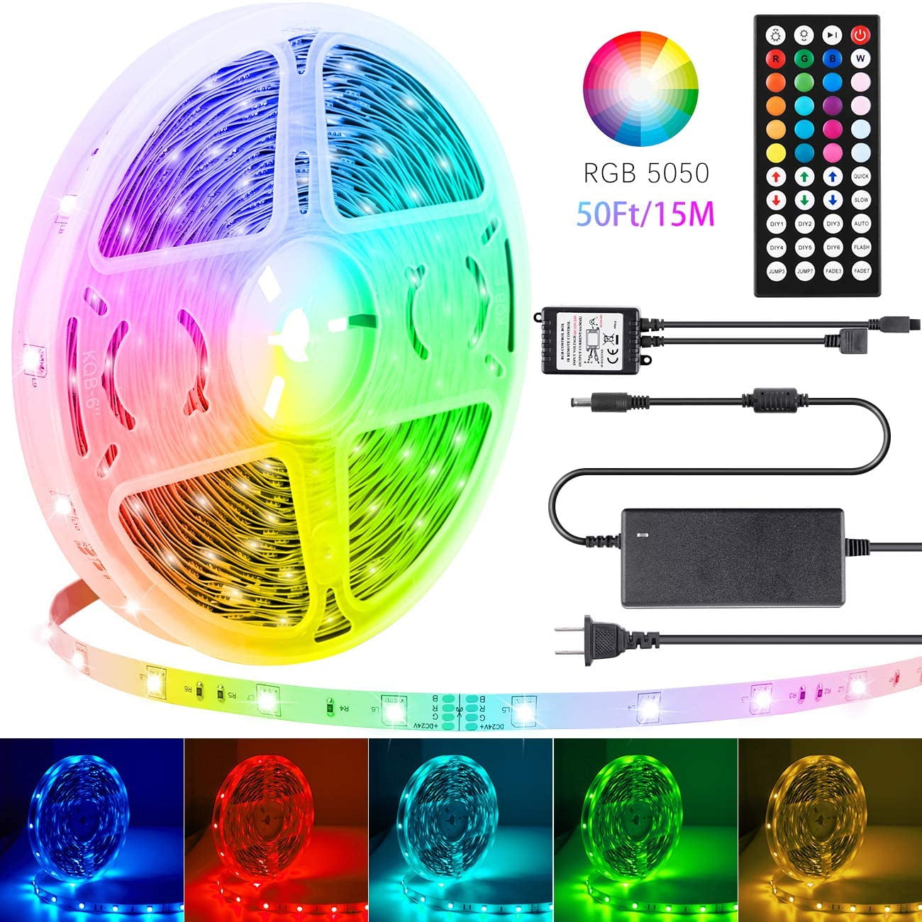 LED Strip 5050 RGB Flexible Lights 50ft 44key IR Remote 5M10M15M Waterproof Set 