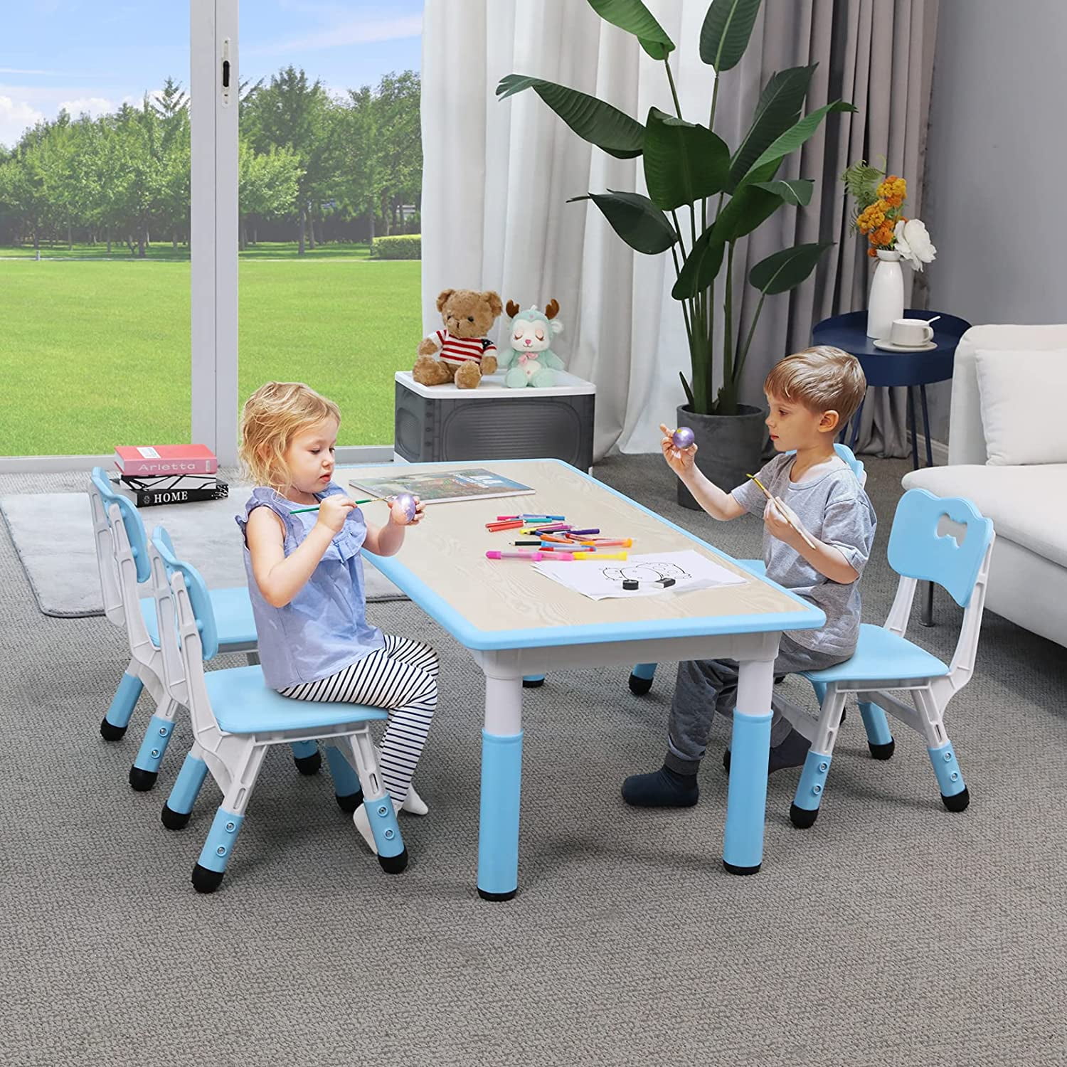 Arlopu Kids Table and 4 Chairs Set, Height Adjustable Toddler Multi Activity Desk Children Study / Dining Table, for Ages 2 - 10