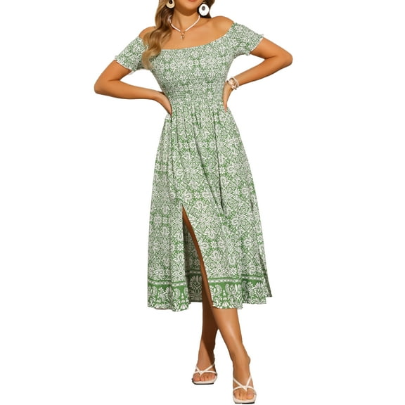 INSPIRE CHIC Vintage Floral Dresses for Women's Off Shoulder Smock Flowy Midi Dress XS Green