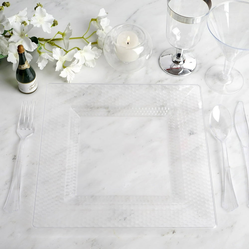 Efavormart 50 Pcs Clear Square Disposable Plastic Plate Dinner Plates