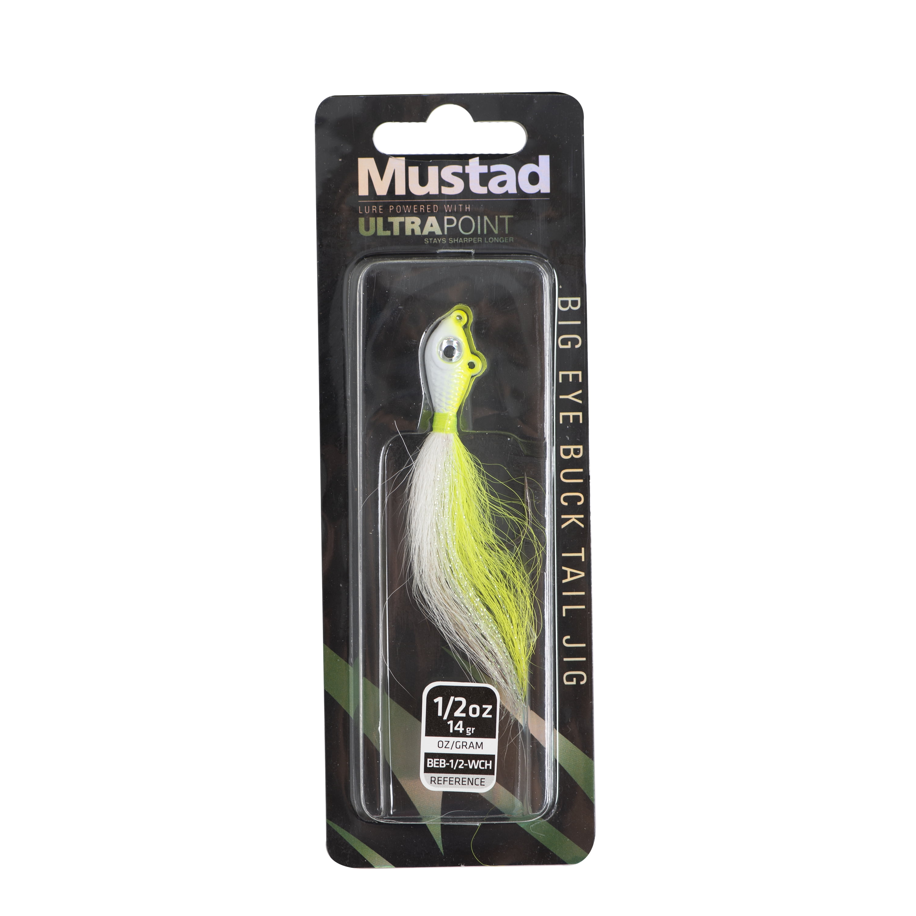 (2 pack) Mustad 2oz White & Chartreuse Big Eye Bucktail Fishing Jig