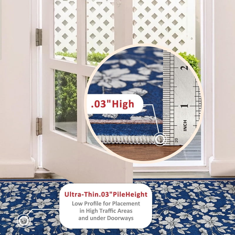 8'x10' Area Rugs Boho Floral Bedroom Washable Low Pile Non Slip Indoor Carpet for Nursery Playroom Living Room Blue