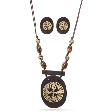 Tazza Women S Vintage Look Gold Filigree Wood Clip On Earrings And Tazza Women S Vintage Look Gold Filigree Wood Clip On Earrings And Statement Necklace Set
