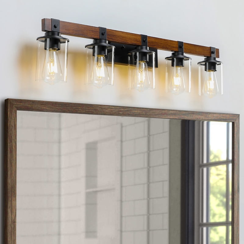 35" Rustic 5-Light Bathroom Vanity Light Fixture, Industrial Wall Sconce with Wood Accent and Clear Glass Shades (Bulbs Not Included)