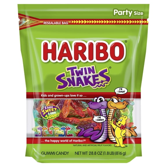 HARIBO Twin Snakes Gummies Original Sweet and Sour Assorted Fruit Flavor Gummy Candy, 28.8 oz, Bulk Party Size Bag