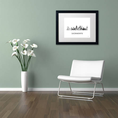 Trademark Fine Art 'Sacramento CA Skyline WB-BW' Canvas Art by Marlene Watson, White Matte, Black Frame