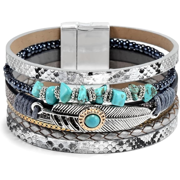 Soleilie Boho Leather Wrap Bracelets for Women Men Multi-Layer Bracelets with Strong Clasp Western Jewelry