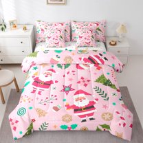 Manfei Santa Claus 7pcs Bedding Comforter Set,Happy New Year Queen Bedding Sets Super Cozy,Pink Green Queen Sheet Sets,Lightweight Merry Christmas Room Decor,Reversible